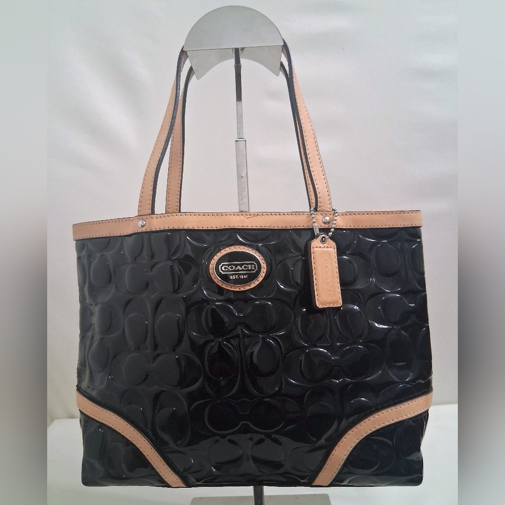 Coach Peyton Embossed Black Patent Leather  Tote W/ Tan Leather Trim